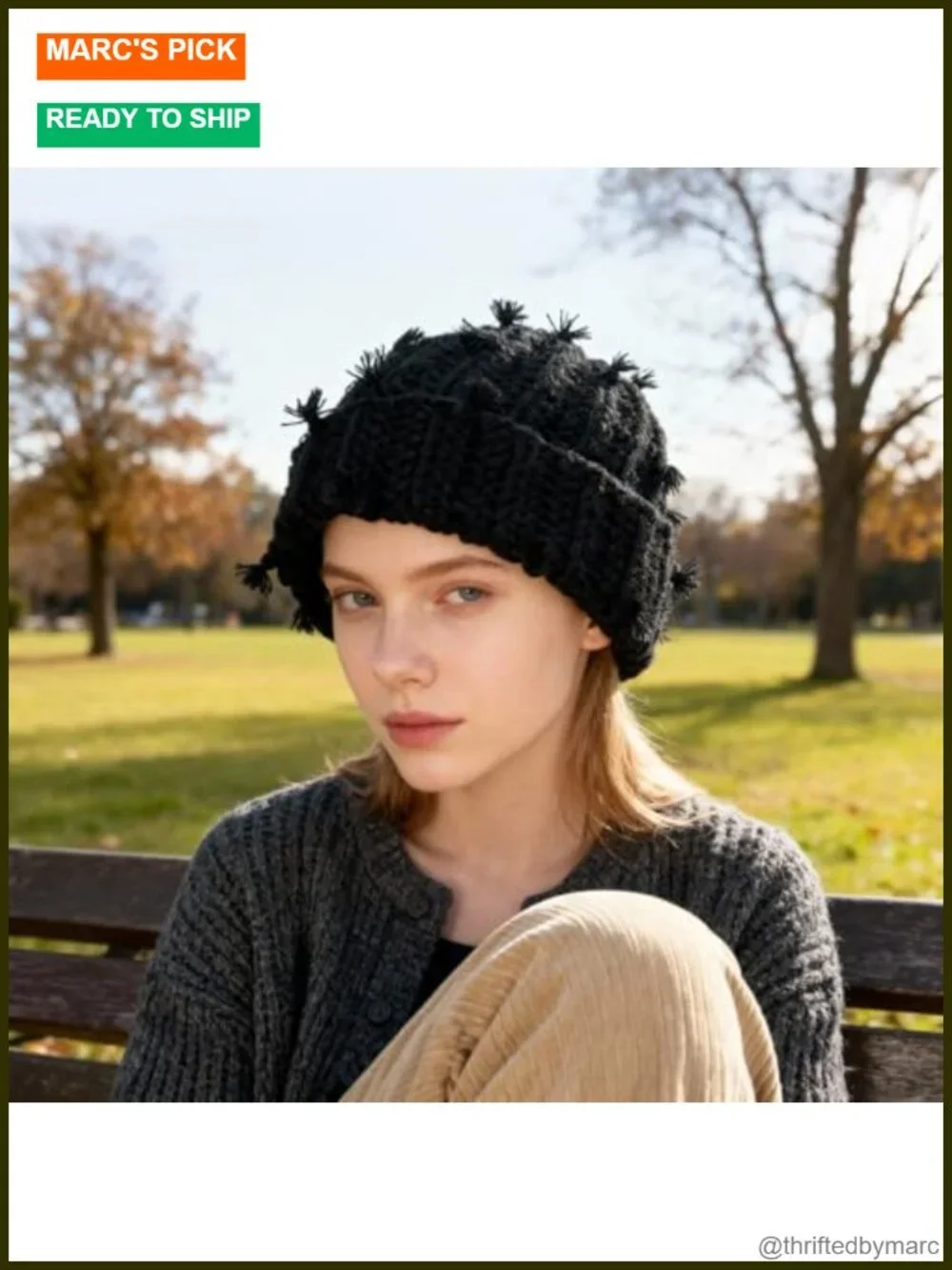 Chunky Crochet Beanie Cuffed Winter Hat with Boho Tassel Knot